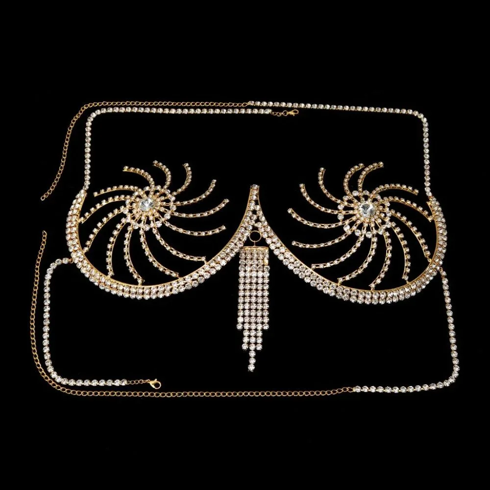 Rhinestone Chest Bracket Tassel Bra Chain Lingerie Crystal Bikini Body Jewelry - Picture 4 of 5